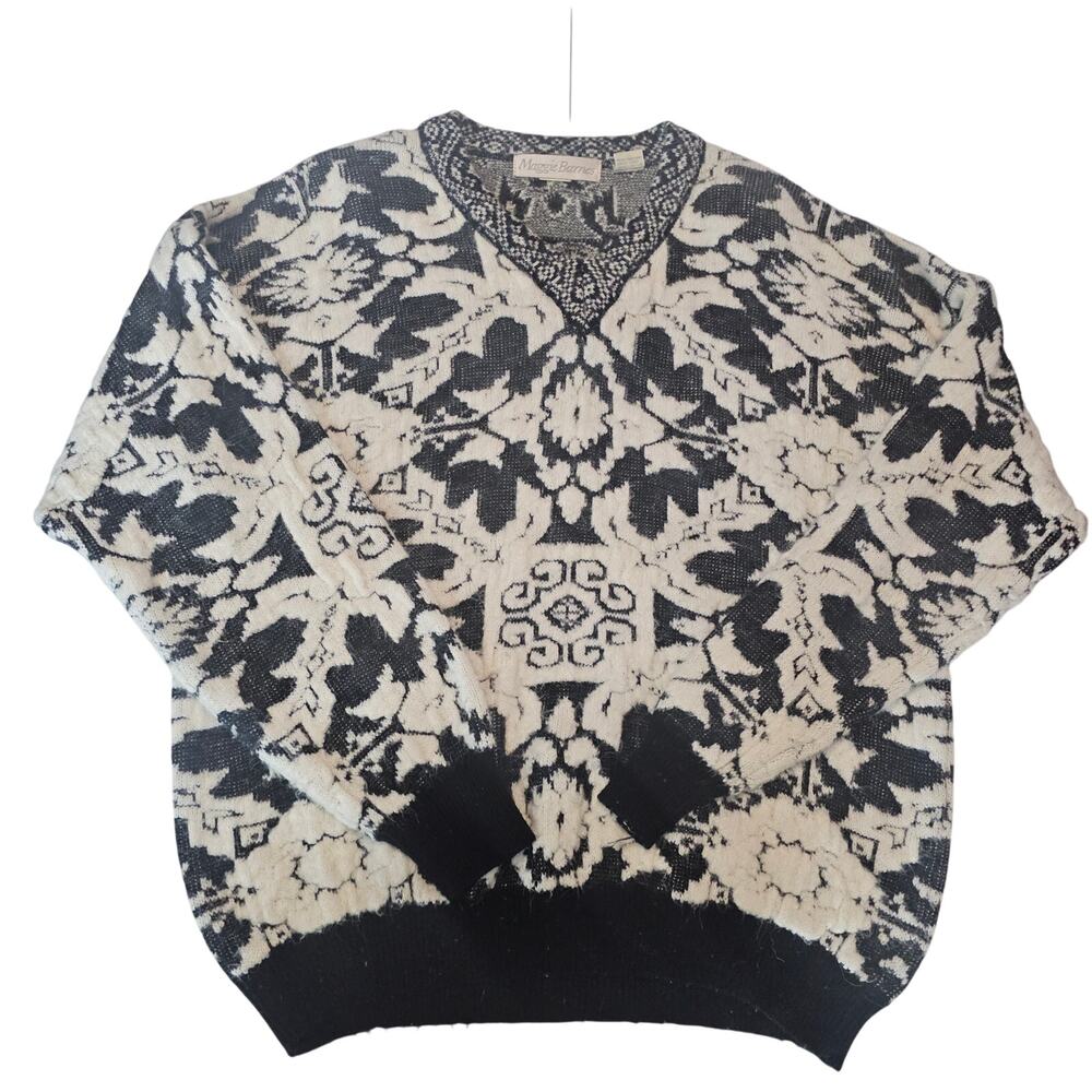 Vintage Floral Black & White ski sweater cabincore cottagecore V Neck M 40 3923